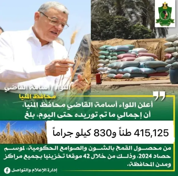 محافظ المنيا: شون وصوامع المحافظة تواصل استقبال القمح وتوريد 415 ألف طن