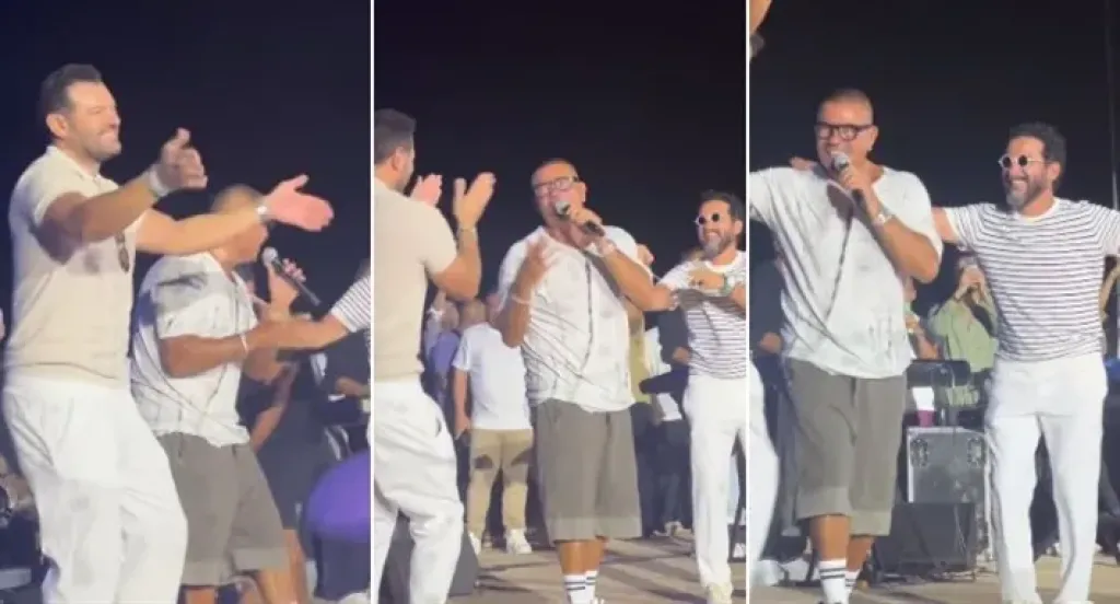 أحمد حلمي وعمرو يوسف يخطفان الأنظار برقصهما مع عمرو دياب في الساحل الشمالي